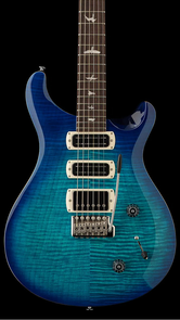 Blue electric guitar with a flamed maple top, three pickups, two control knobs, a tremolo bridge, and bird inlays on a dark fingerboard.