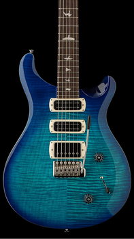 Blue electric guitar with a flamed maple top, three pickups, two control knobs, a tremolo bridge, and bird inlays on a dark fingerboard.