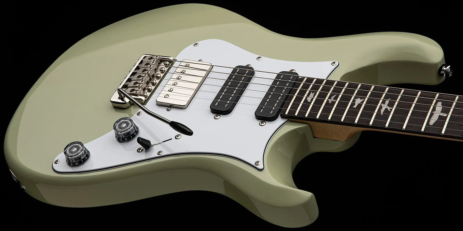 Sage green Paul Reed Smith electric guitar, white pickguard, three pickups, two black control knobs, tremolo bar, bird inlays on dark fretboard.