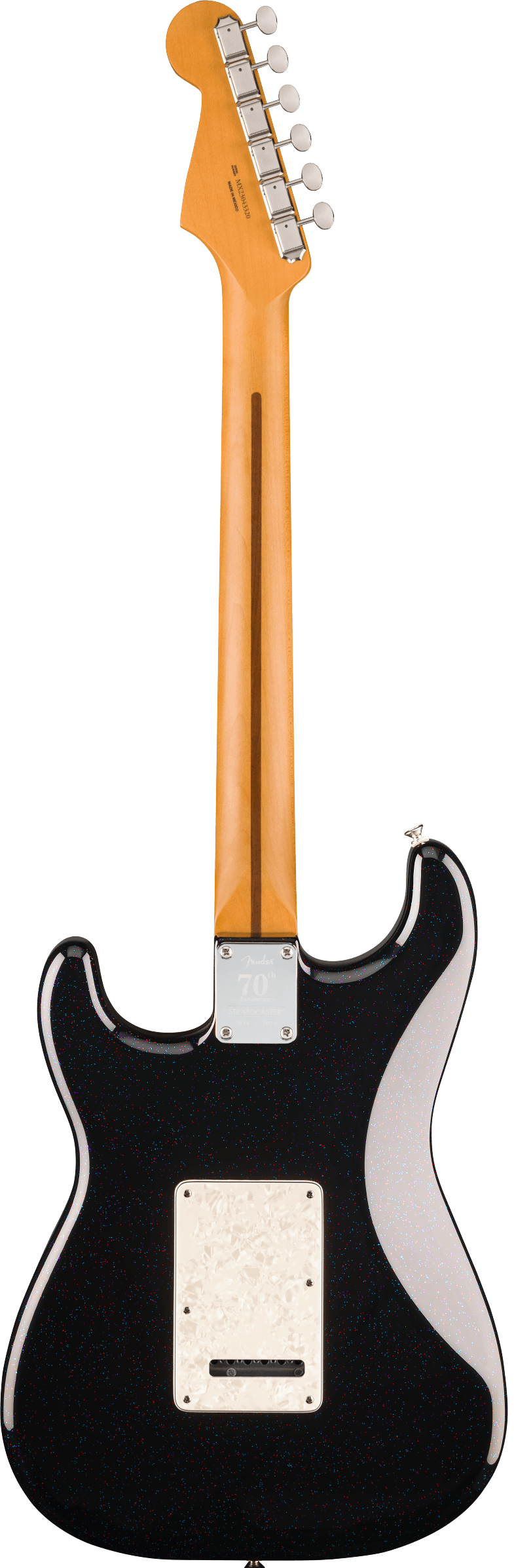 Electric guitar viewed from the back, black body with rainbow sparkles, light wood neck, white backplate, and a metal plate marked “70th Stratocaster.”