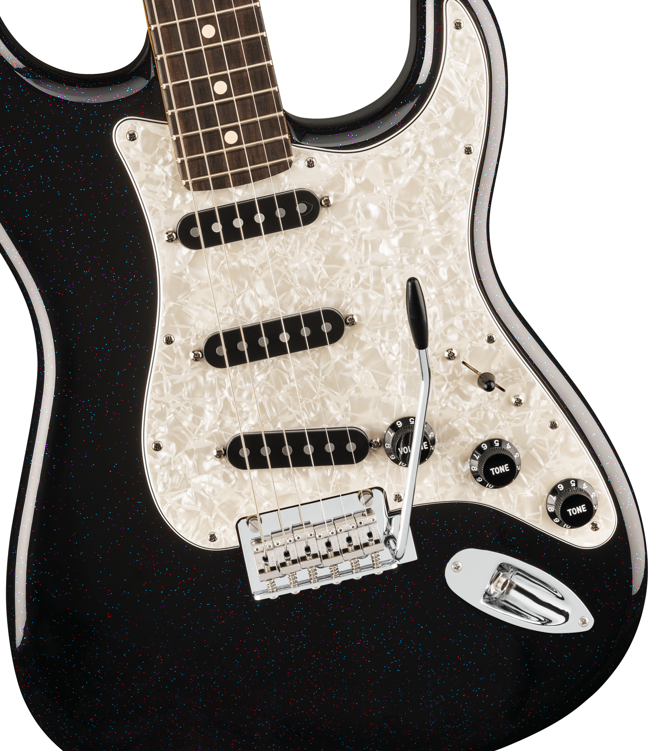 Black electric guitar body with a white pearloid pickguard, three black single-coil pickups, control knobs, and a whammy bar.