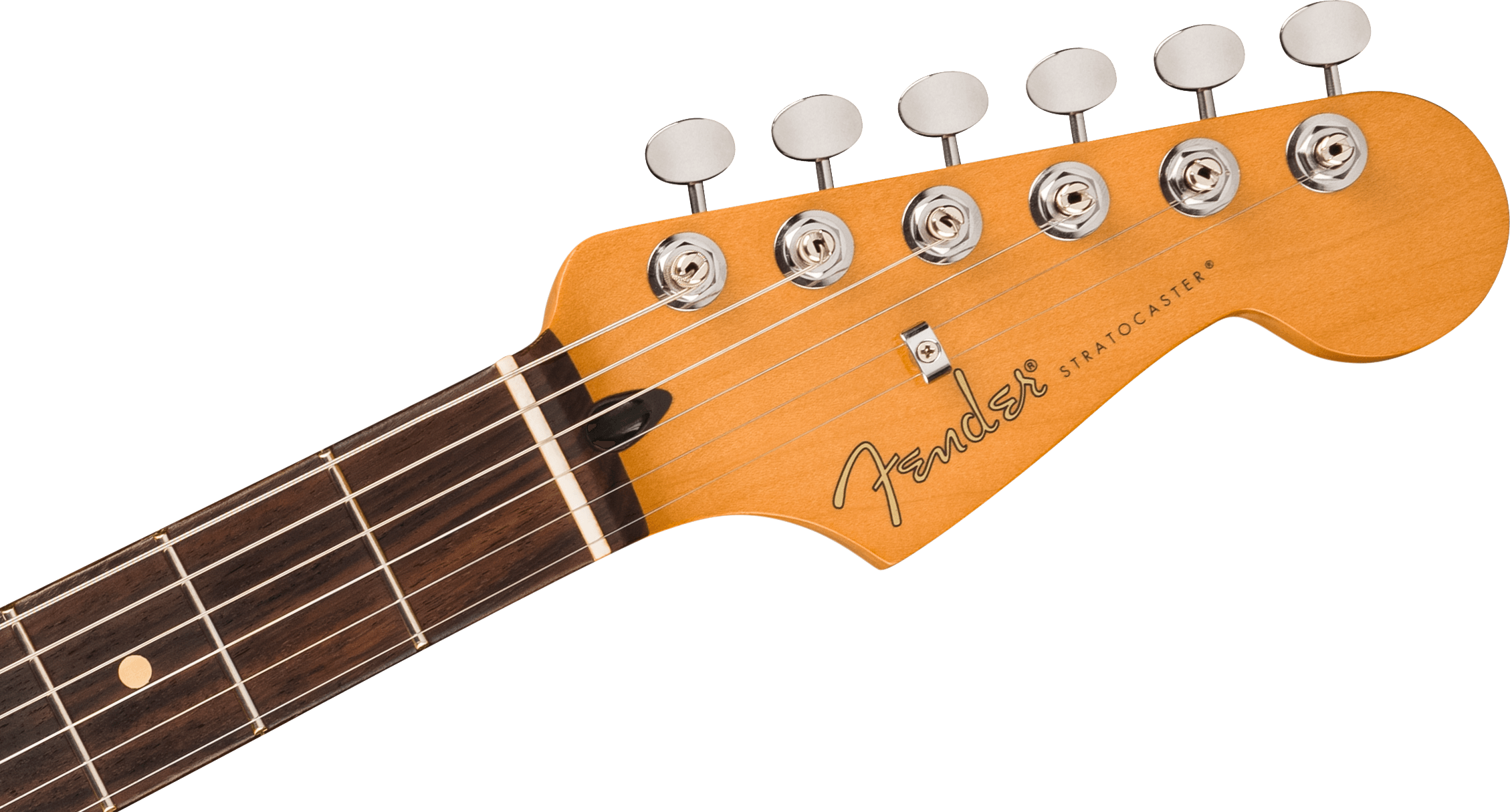 Fender Stratocaster electric guitar headstock with six tuning pegs, maple finish, and rosewood fretboard with white inlay dots.