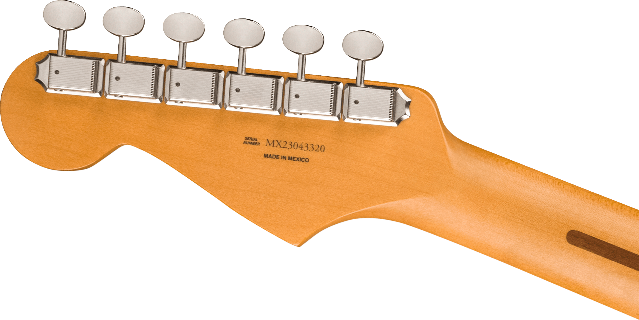 Six chrome tuning pegs on the headstock of a light wood electric guitar neck, stamped with serial number MX23043320 and Made in Mexico.