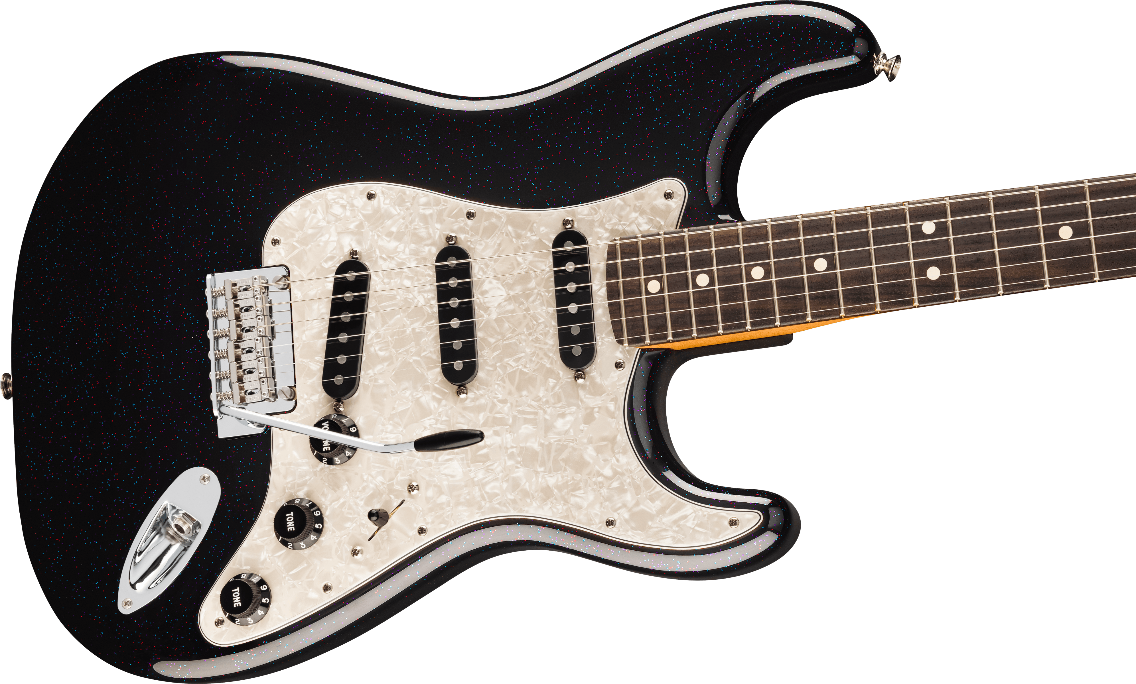 Black electric guitar with a sparkly finish, white pearloid pickguard, three black single-coil pickups, and a tremolo bridge.