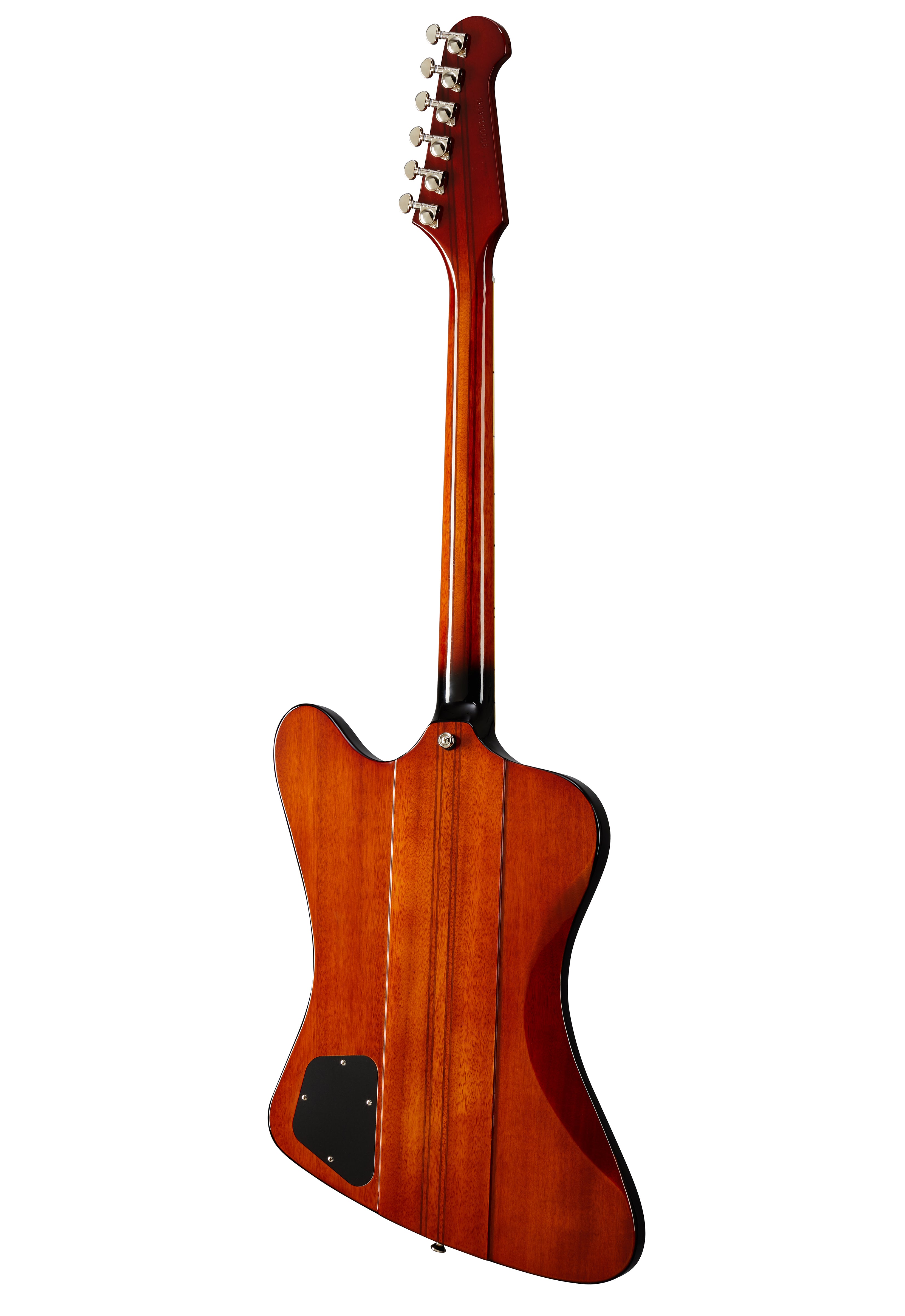 Electric guitar with a glossy reddish-brown finish, asymmetrical body, and six tuning pegs, viewed from the back.