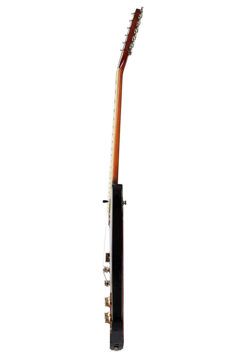 Electric guitar shown from the side, displaying its thin body, neck, strings, tuning pegs, and control knobs.