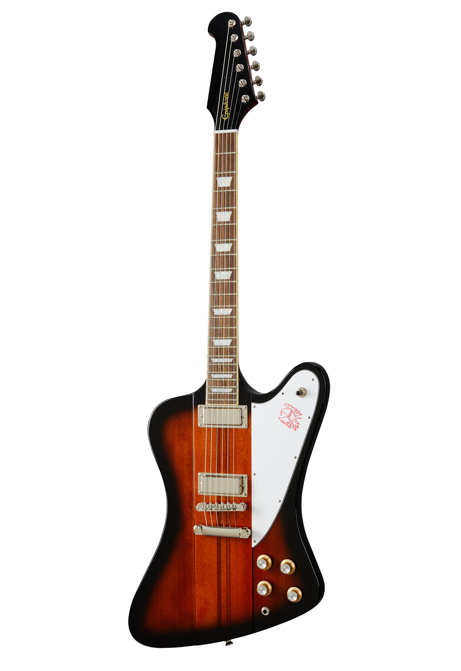 Electric guitar with an angular, offset body in sunburst finish, two pickups, four control knobs, and a white pickguard featuring a red bird logo.
