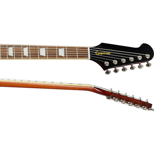 Epiphone electric guitar neck and headstock with twelve tuning pegs, rosewood fretboard, rectangular inlays, and black glossy headstock face.