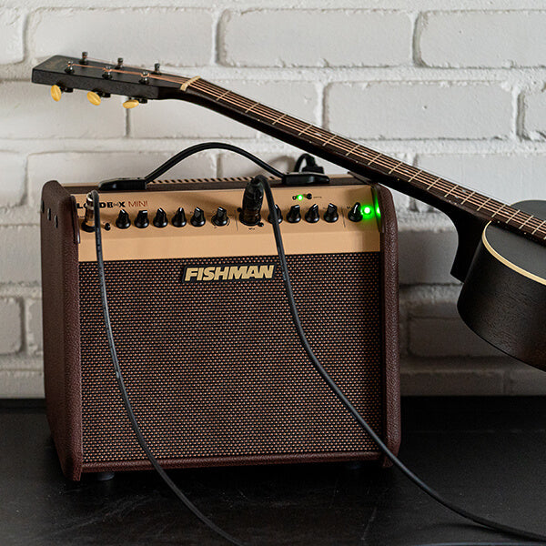 A Fishman amplifier with various control knobs has an acoustic guitar resting on top, connected by cables, with a green power light illuminated.