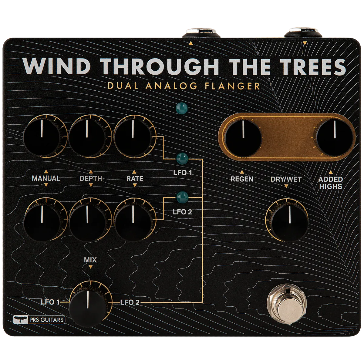 PRS Guitars Wind Through The Trees dual analog flanger pedal with multiple knobs, switch, and contour line design on a black rectangular box.