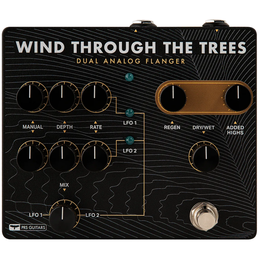 PRS Guitars Wind Through The Trees dual analog flanger pedal with multiple knobs, switch, and contour line design on a black rectangular box.