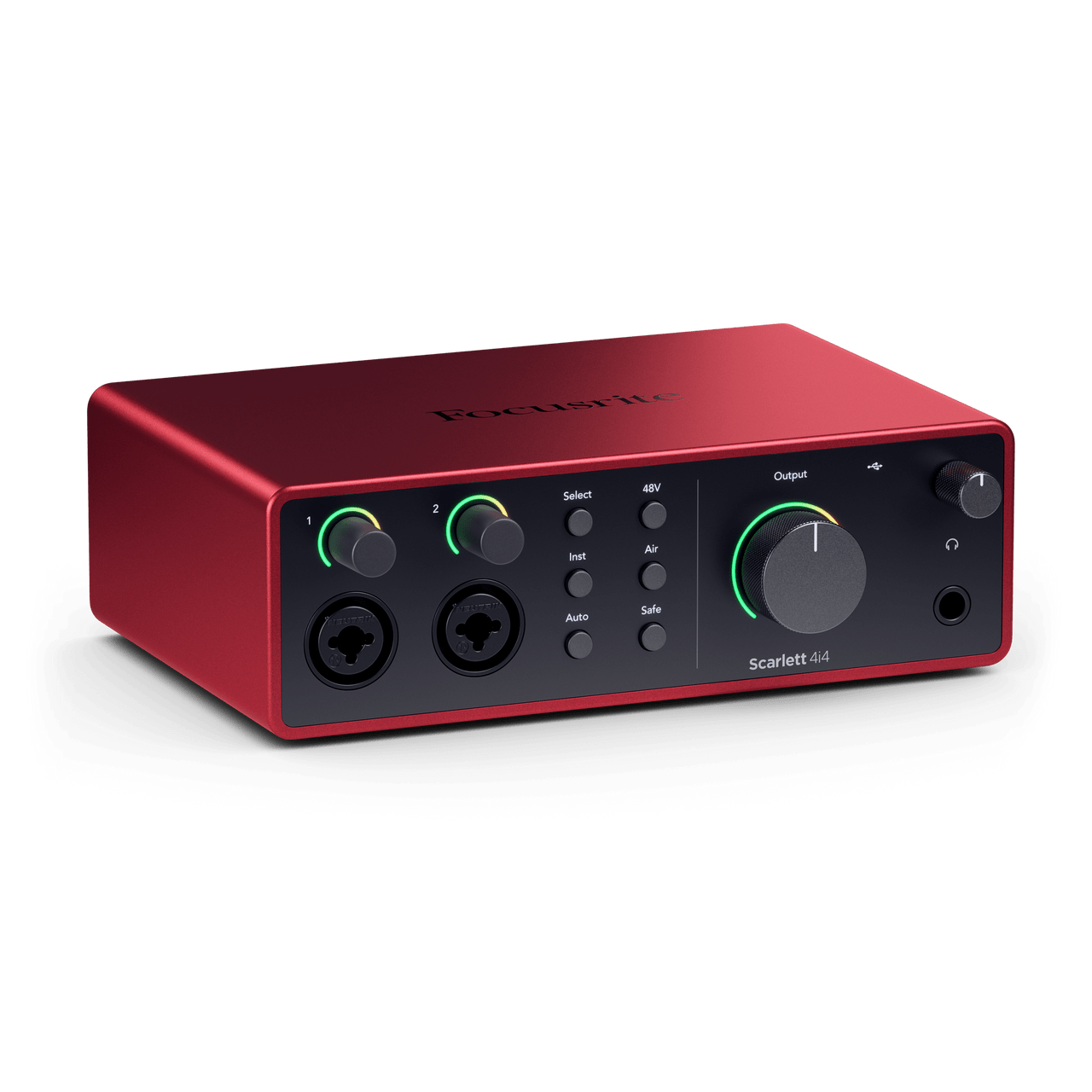 Focusrite Scarlett 4i4 audio interface, red case with two combo input jacks, control knobs, option buttons, and large main output dial on front.
