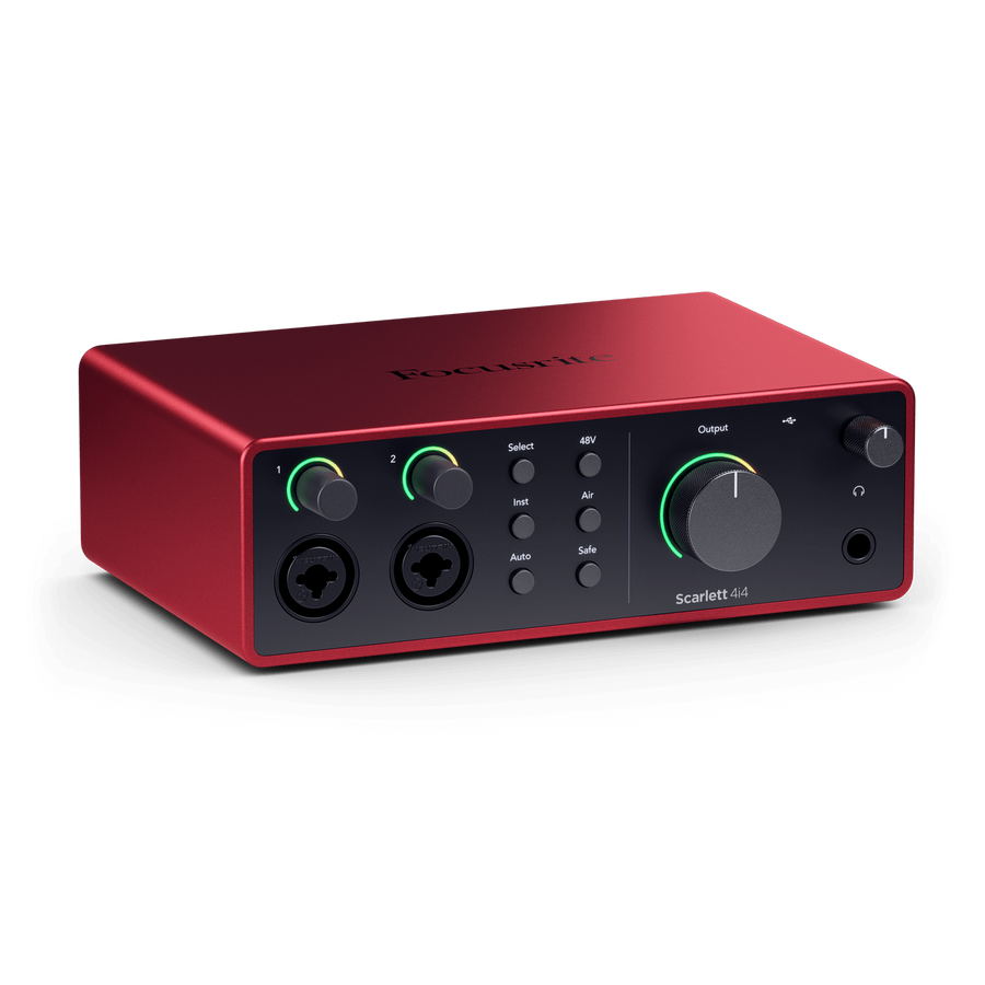 Focusrite Scarlett 4i4 audio interface, red case with two combo input jacks, control knobs, option buttons, and large main output dial on front.