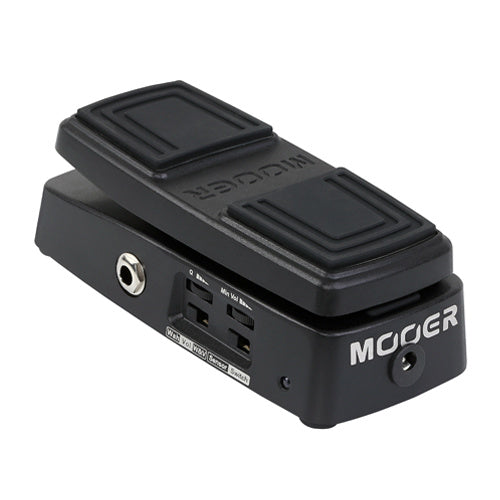 Black effects pedal with a rocker-style footpad, labeled "Mooer," featuring input/output jacks and multiple switch settings on the side.