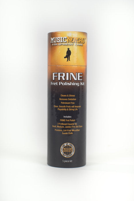 MusicNomad FRINE Fret Polishing Kit tall black tube lists contents: fret polish, 3 guards, microfiber and suede cloth; for cleaning and maintenance.