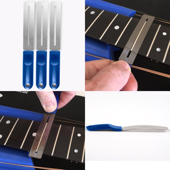 Set of three metal fretboard guards with blue handles, shown being used to protect guitar frets during cleaning or maintenance.