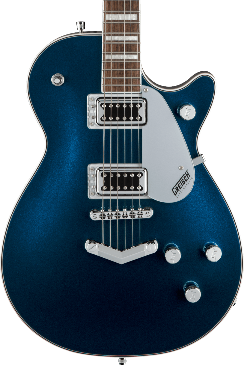 Metallic blue electric guitar with two chrome-covered pickups, silver pickguard, three control knobs, and a V-shaped tailpiece.