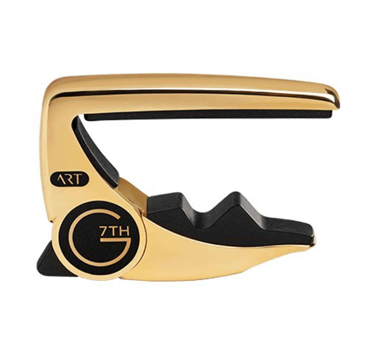 Gold and black guitar capo with a modern, curved design, labeled "ART" and "G7TH" on the round end, suitable for electric and acoustic guitars.