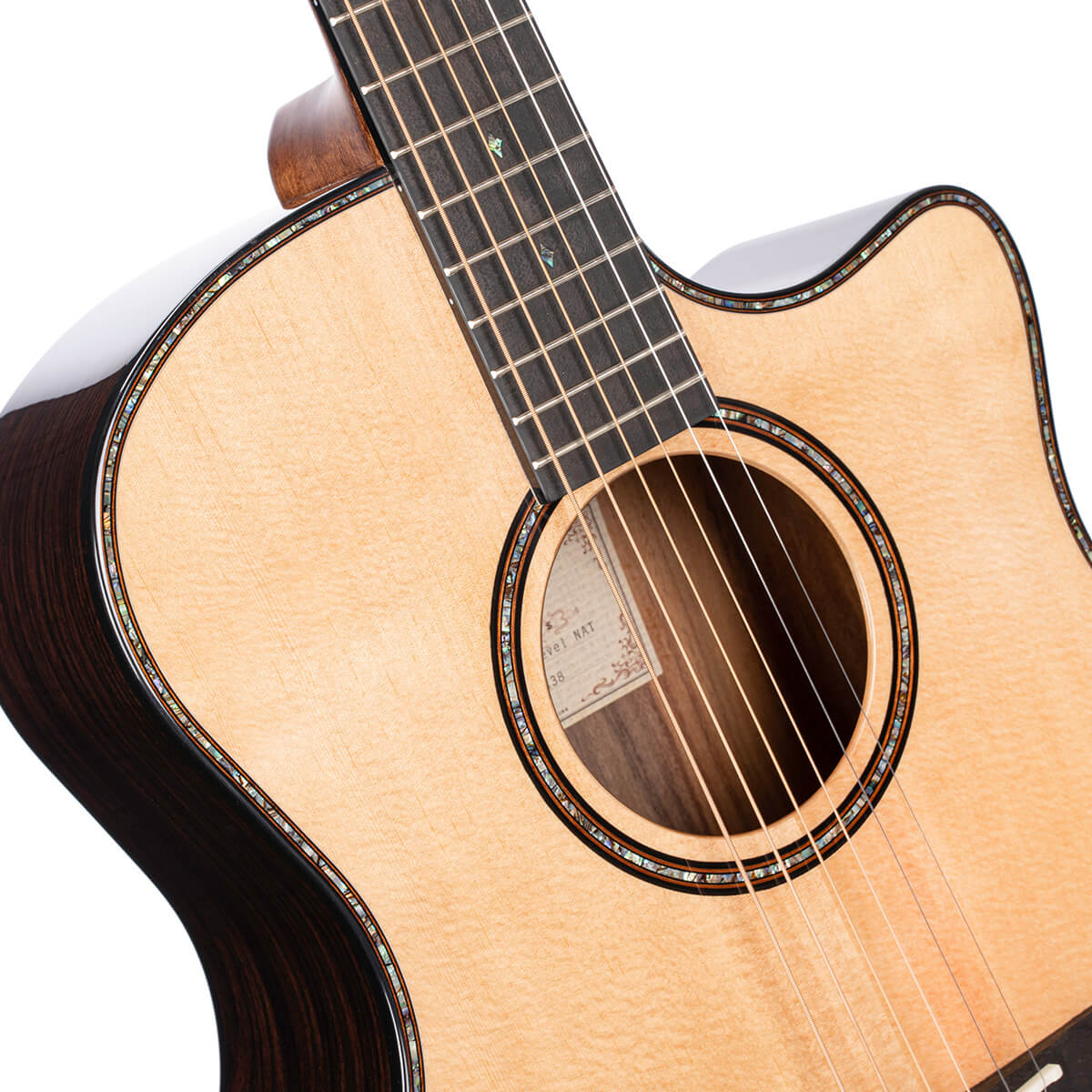 Light wood acoustic guitar with dark wood sides, a cutaway body, abalone inlays around the soundhole and edge, and six steel strings.