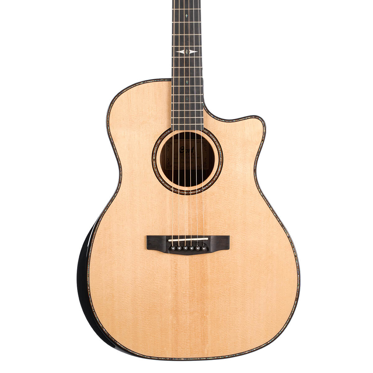 Natural wood acoustic guitar with six strings, black bridge, round sound hole, and a single cutaway on the right side for easier upper fret access.