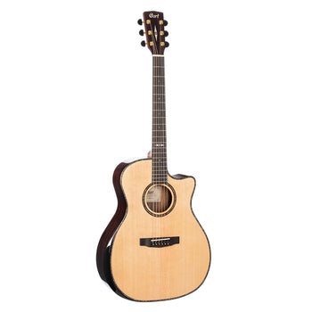 Light wood acoustic guitar with a cutaway body, dark sides and back, six strings, and gold tuning pegs. Brand name 