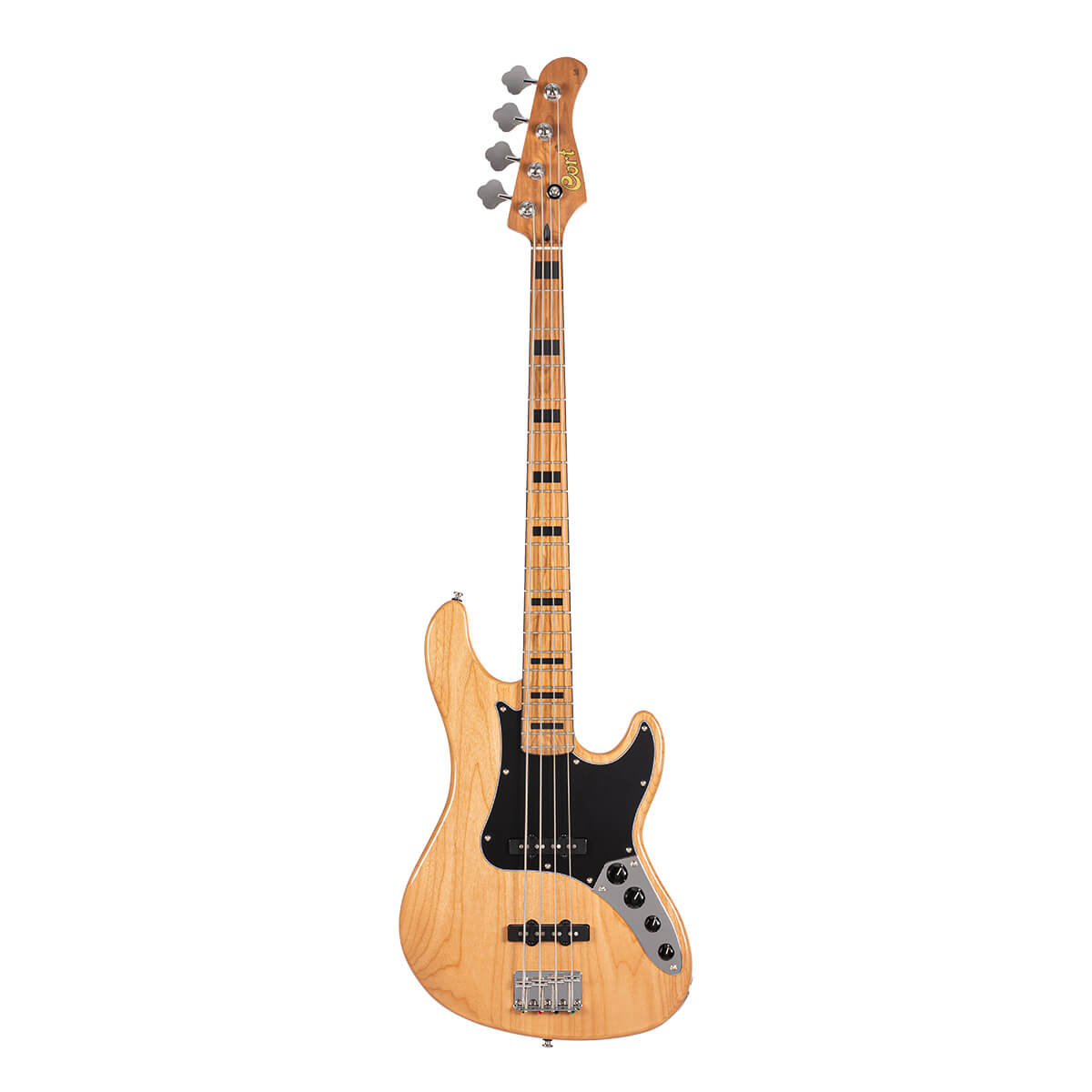 Natural wood finish electric bass with black pickguard, four strings, and chrome tuning pegs. Classic double-cutaway body design.