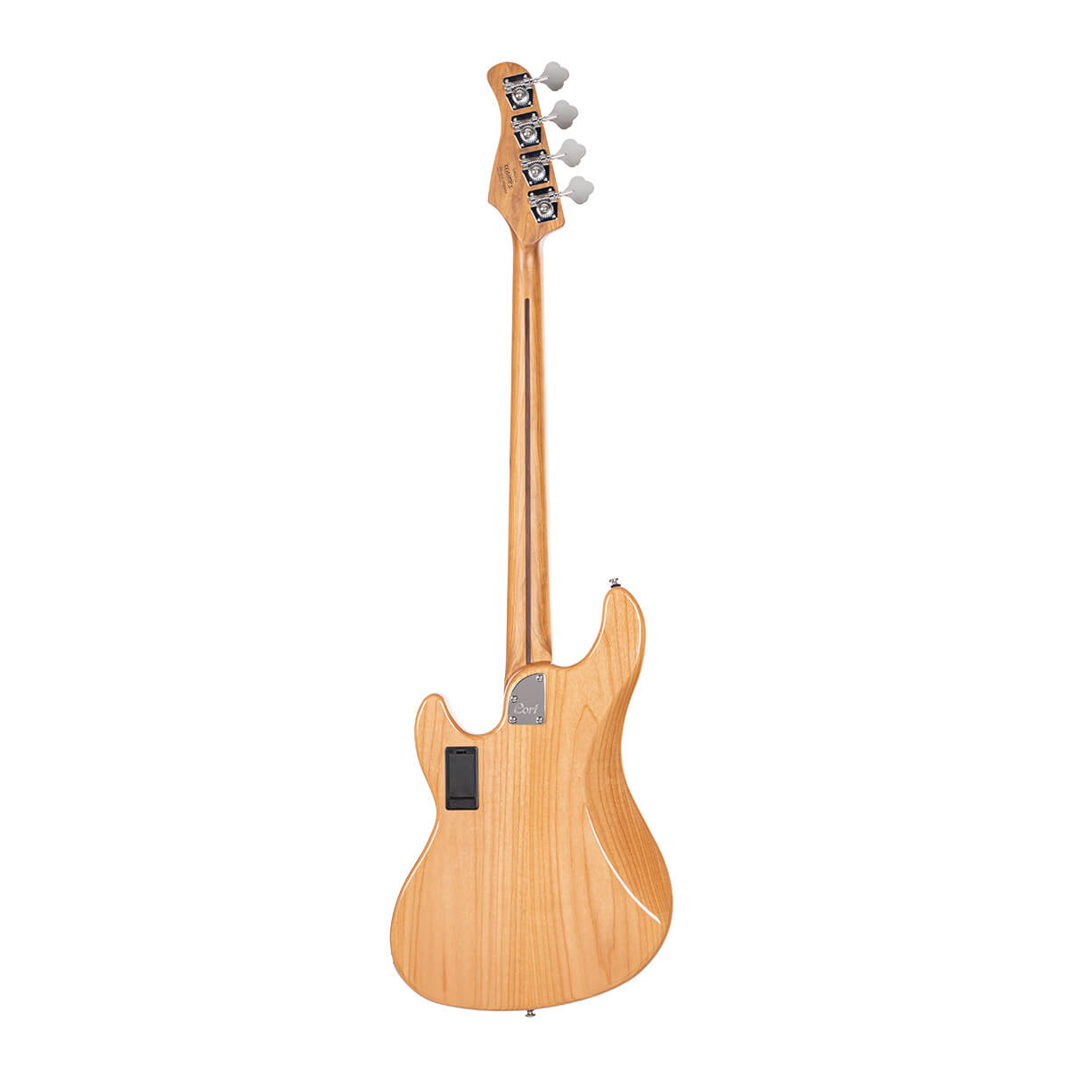 Natural wood finish electric bass guitar shown from the back, displaying four tuning pegs, smooth contoured body, and a rectangular battery compartment.