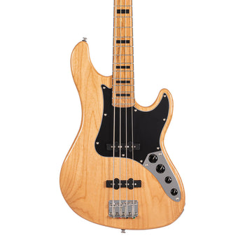 Natural wood finish electric bass with a black pickguard, four control knobs, chrome bridge, four strings, and rectangular inlays on the fretboard.
