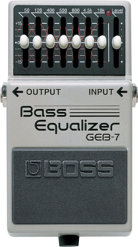 Boss Bass Equalizer GEB-7 effects pedal with seven white slider knobs for different frequency bands and a level knob, labeled input and output.