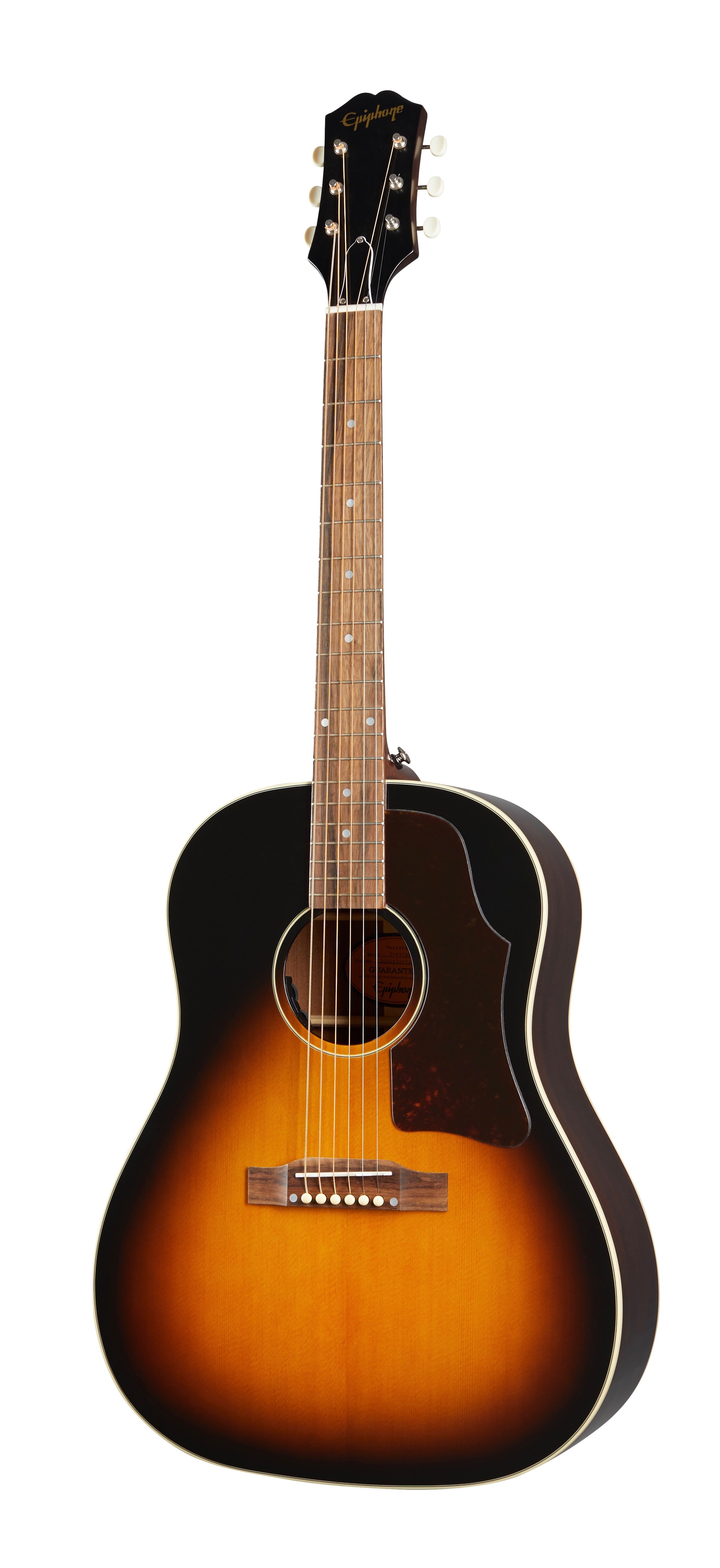 Epiphone acoustic guitar with a sunburst finish, six strings, white tuning pegs, and a tortoiseshell pickguard.
