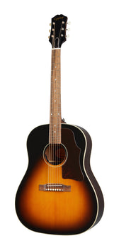 Epiphone acoustic guitar with a sunburst finish, six strings, white tuning pegs, and a tortoiseshell pickguard.