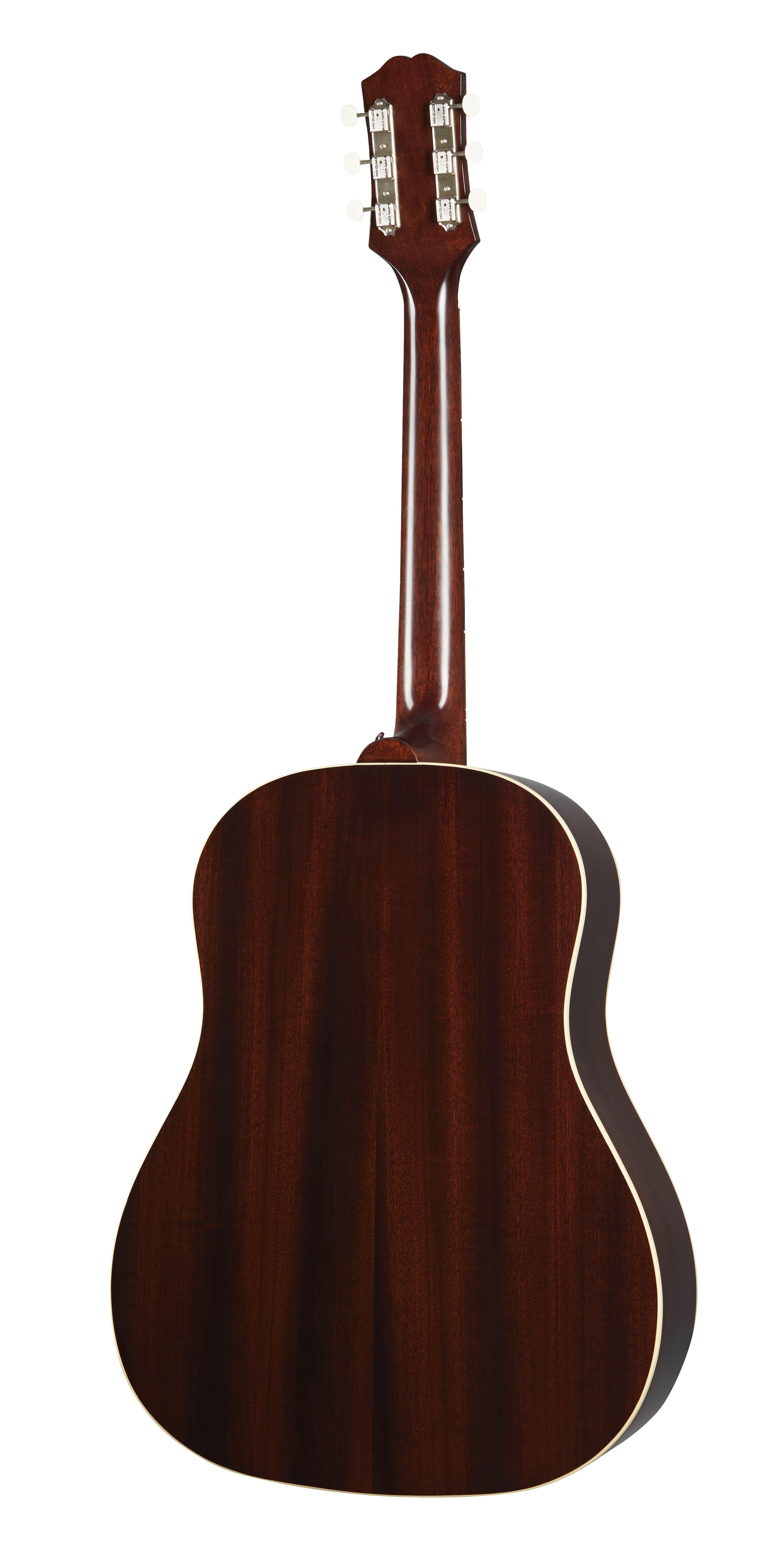 Dark brown acoustic guitar shown from the back, with a glossy wood finish and light trim outlining the body edges.