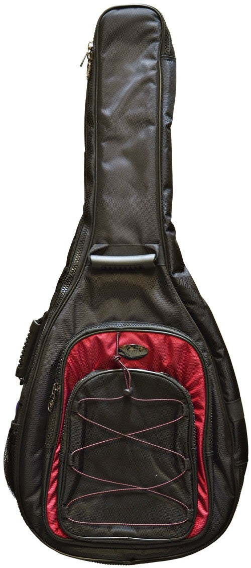 Black and red soft case for a string instrument, likely a guitar or ukulele, with a large zippered pocket and crisscrossed elastic cord on the front.