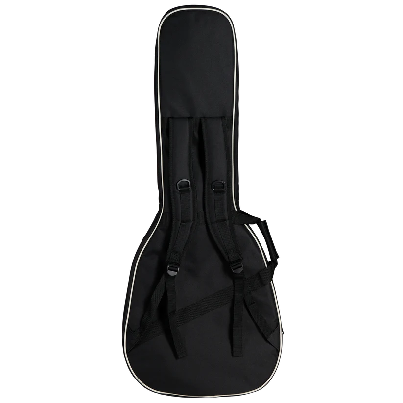 Housse noire pour guitare électrique vue de dos, avec deux bretelles ajustables pour porter sur le dos, liseré clair autour des bords.