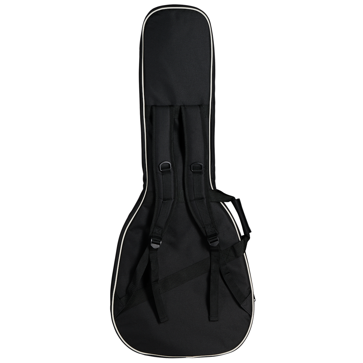 Black Epiphone guitar bag with backpack-style straps and white trim, designed to carry and protect a guitar.