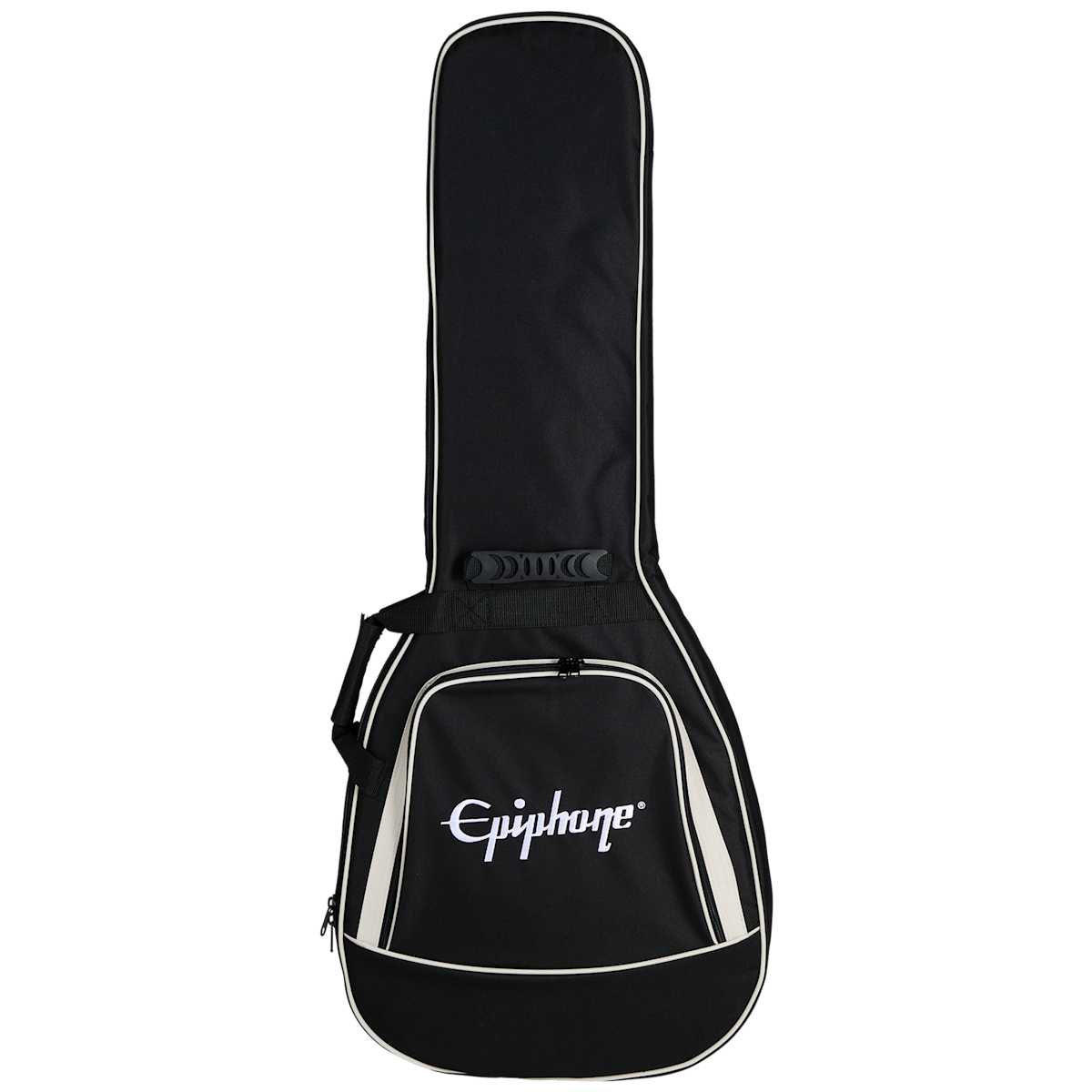 Black Epiphone soft guitar case with white trim, front zipper pocket, top handle, and Epiphone logo in white lettering on the front.