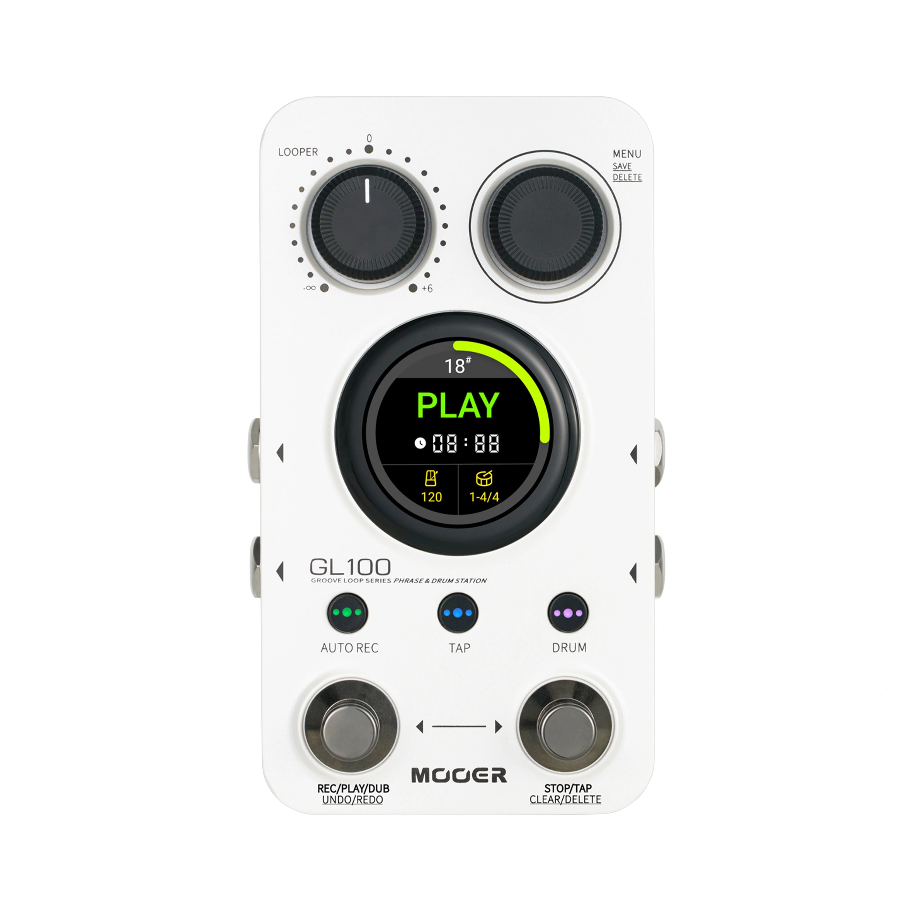 White FX pedal with two knobs, a circular display showing "PLAY," tempo, and time, plus two footswitches labeled REC/PLAY and STOP/TAP.