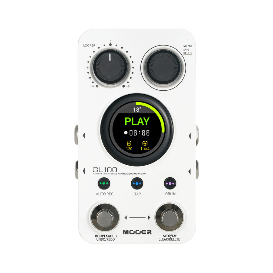 White FX pedal with two knobs, a circular display showing "PLAY," tempo, and time, plus two footswitches labeled REC/PLAY and STOP/TAP.