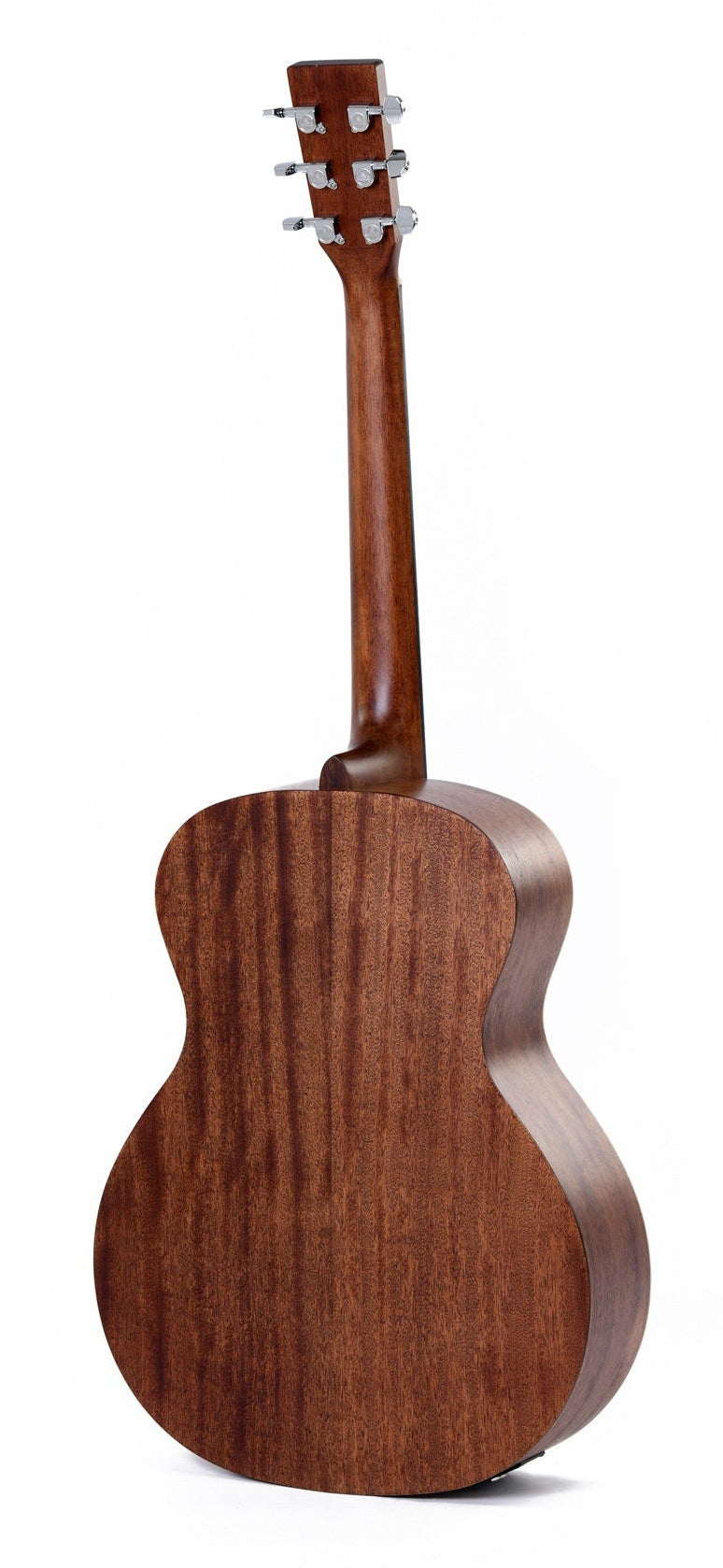 Back view of an acoustic guitar showing a smooth, rich brown wood grain body and neck with six chrome tuning pegs on the headstock.
