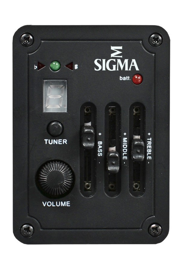 Acoustic guitar control panel with Sigma branding, three sliders for bass, middle, treble, a volume knob, tuner button, and LED battery indicator.