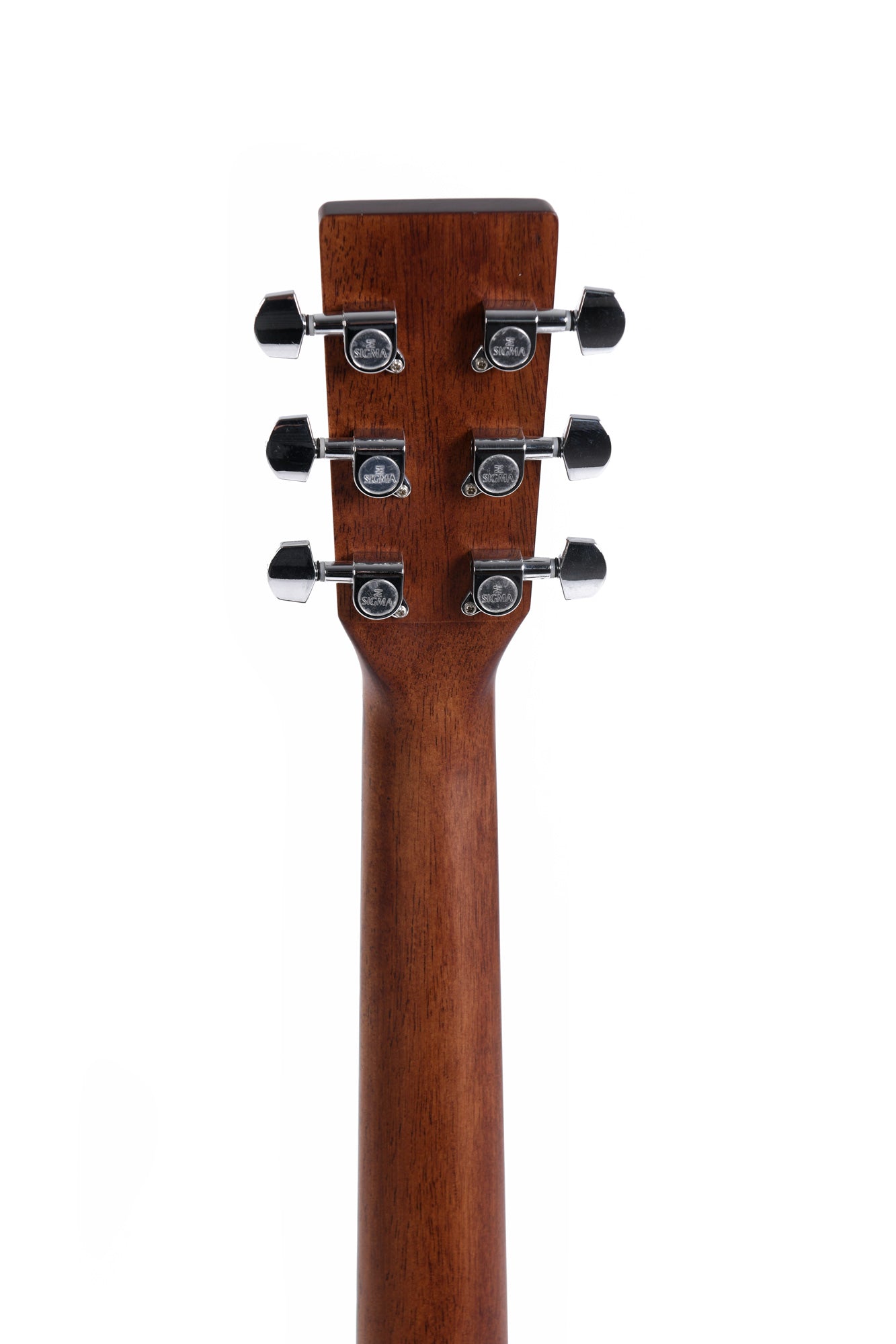 Rear view of an acoustic guitar headstock showing six chrome tuning pegs on a brown wooden neck.