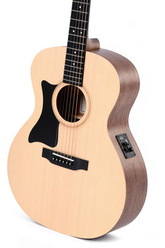 Light wood acoustic guitar with black pickguard, electronic control panel on the side, six strings, and dark wood sides and back.