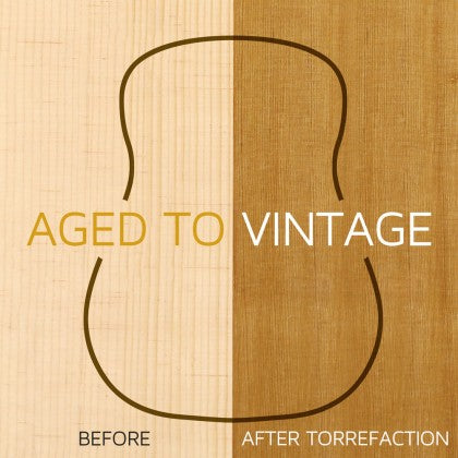 Split background shows light wood labeled "before" and darker wood labeled "after torrefaction," with an outlined acoustic guitar shape and text "aged to vintage."
