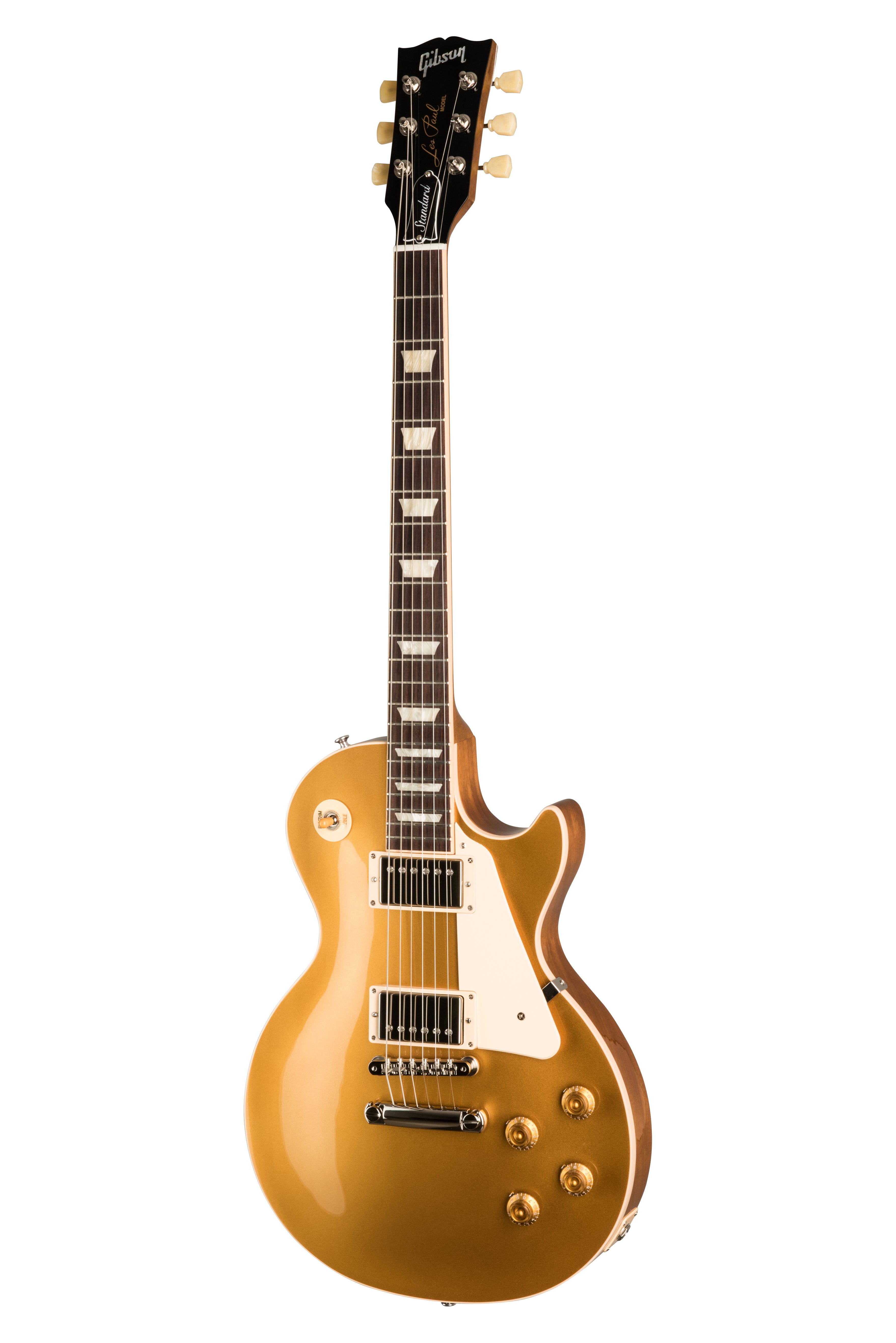 Gold-finished Gibson Les Paul electric guitar with white pickguard, two pickups, four control knobs, and trapezoid inlays on a dark fretboard.