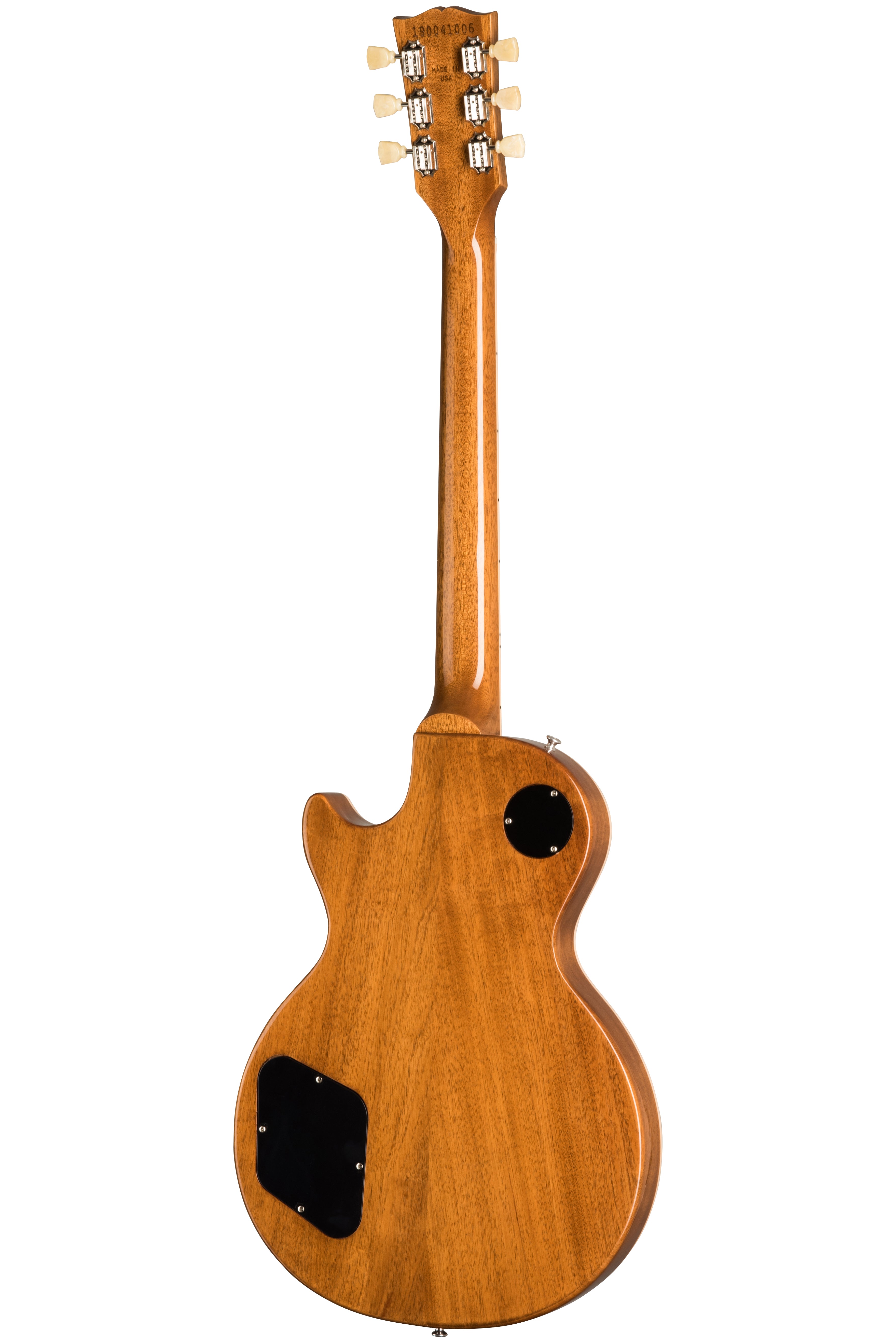 Back view of a natural wood electric guitar with a single cutaway, showing two black plastic covers and six tuning pegs on the headstock.
