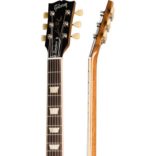 Gibson Les Paul electric guitar neck and headstock, featuring tuning pegs, trapezoid inlays, and the Gibson logo on a black background.