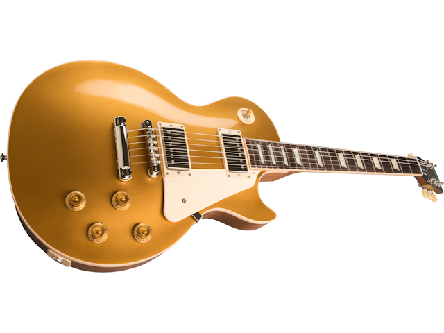 Gold electric guitar with a single cutaway, two pickups, four control knobs, white pickguard, and a dark fretboard with rectangular inlays.