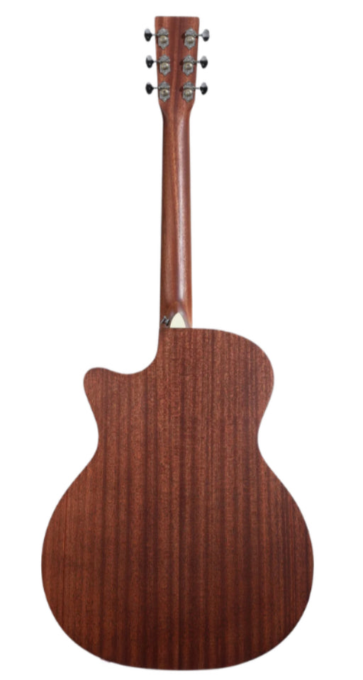 Rear view of an acoustic guitar showing a smooth, dark wood back and neck with six tuning pegs and a cutaway body design.