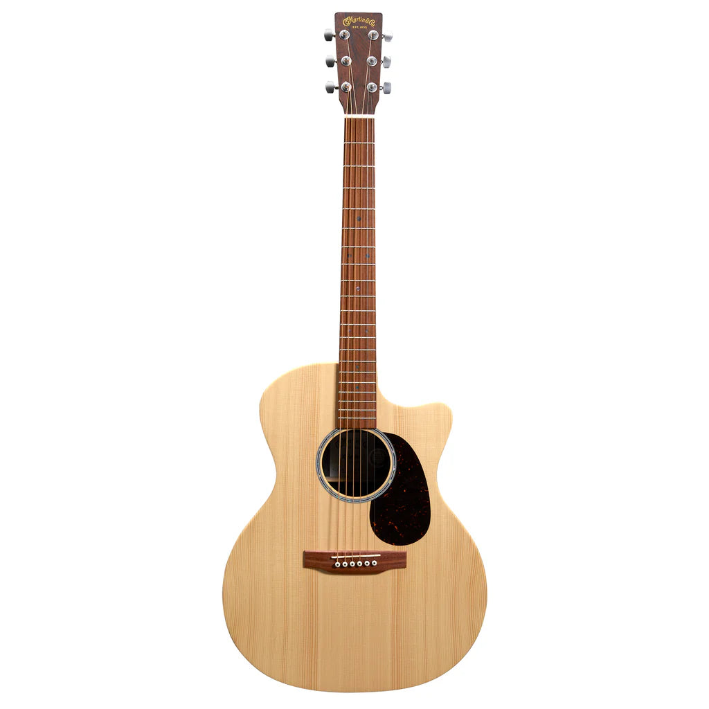 Light wood acoustic guitar with six strings, a cutaway body shape, dark pickguard, round sound hole, and metallic tuning pegs.