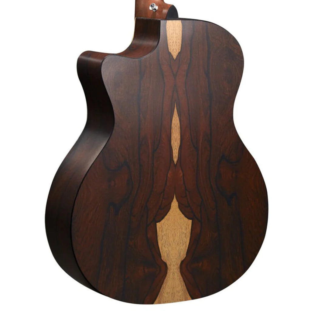 Back of an acoustic guitar with dark wood and a striking, symmetrical lighter grain pattern running vertically down the center.